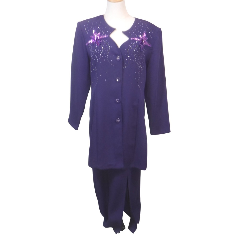 Vintage Dolce Purple Sequin‎ Floral Longline Blazer Maxi Skirt Suit Set Size L